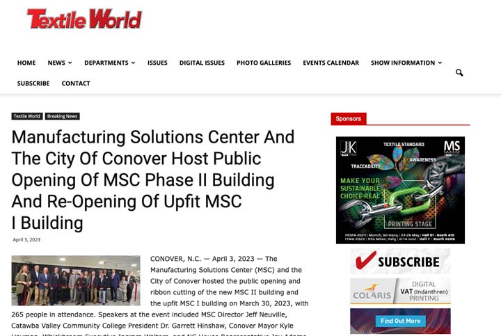 Manufacturing Solutions Center And The City Of Conover Host Public Opening Of MSC Phase II Building And Re-Opening Of Upfit MSC I Building